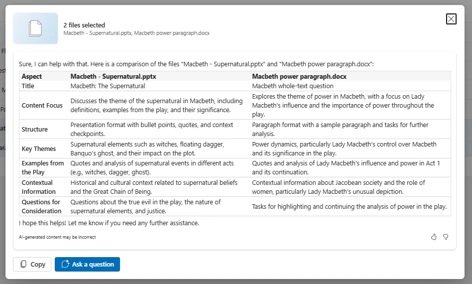Kết quả so sánh giữa tệp PowerPoint và Word do Copilot trong OneDrive tạo, cho thấy khả năng so sánh các loại tài liệu khác nhau.
