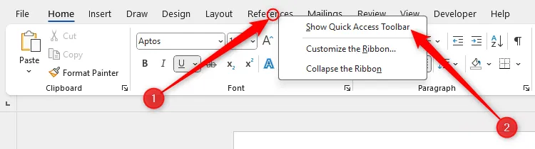 Kiểm tra tùy chọn hiển thị thanh công cụ truy cập nhanh trong Microsoft Word