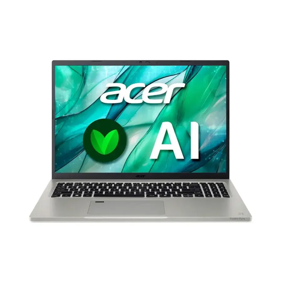 Laptop Acer Aspire Vero 16 màu xám bạc với logo Acer trên nắp máy, hiển thị tổng thể thiết kế.