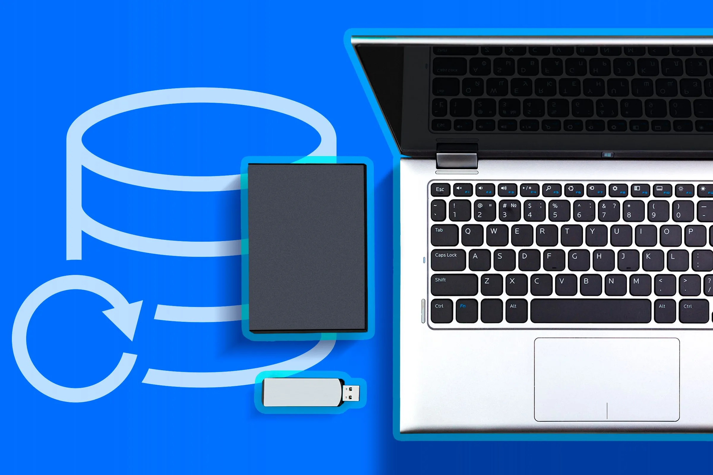Laptop kèm USB và ổ cứng ngoài, biểu tượng sao lưu dữ liệu, minh họa cách backup thông tin trước khi bán máy.