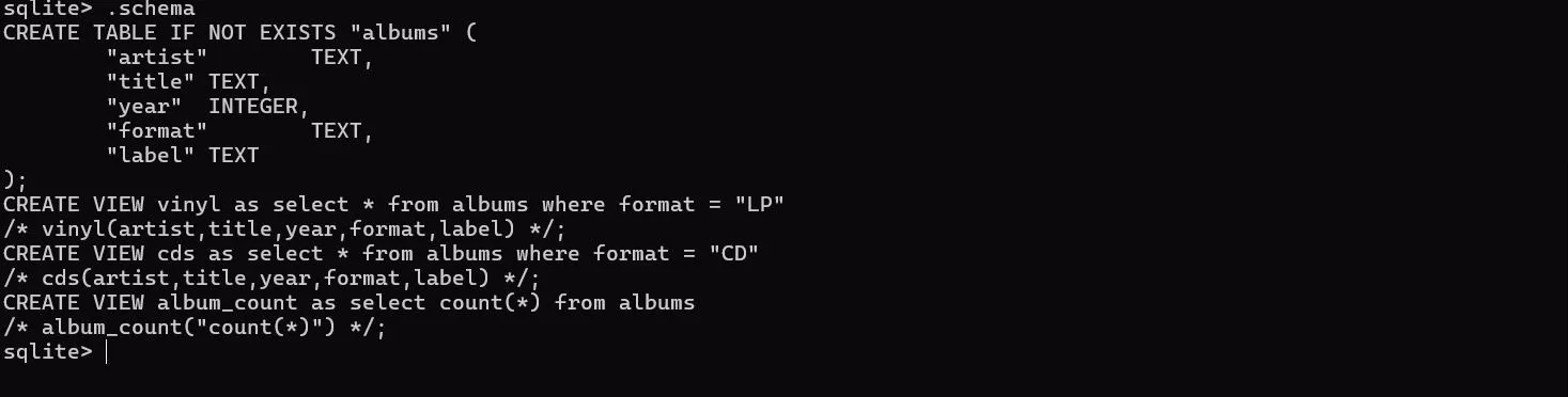 Lệnh .schema trong SQLite hiển thị cấu trúc bảng 'albums' của cơ sở dữ liệu bộ sưu tập nhạc, bao gồm các trường 'artist', 'title', 'year', 'format' và 'label'.
