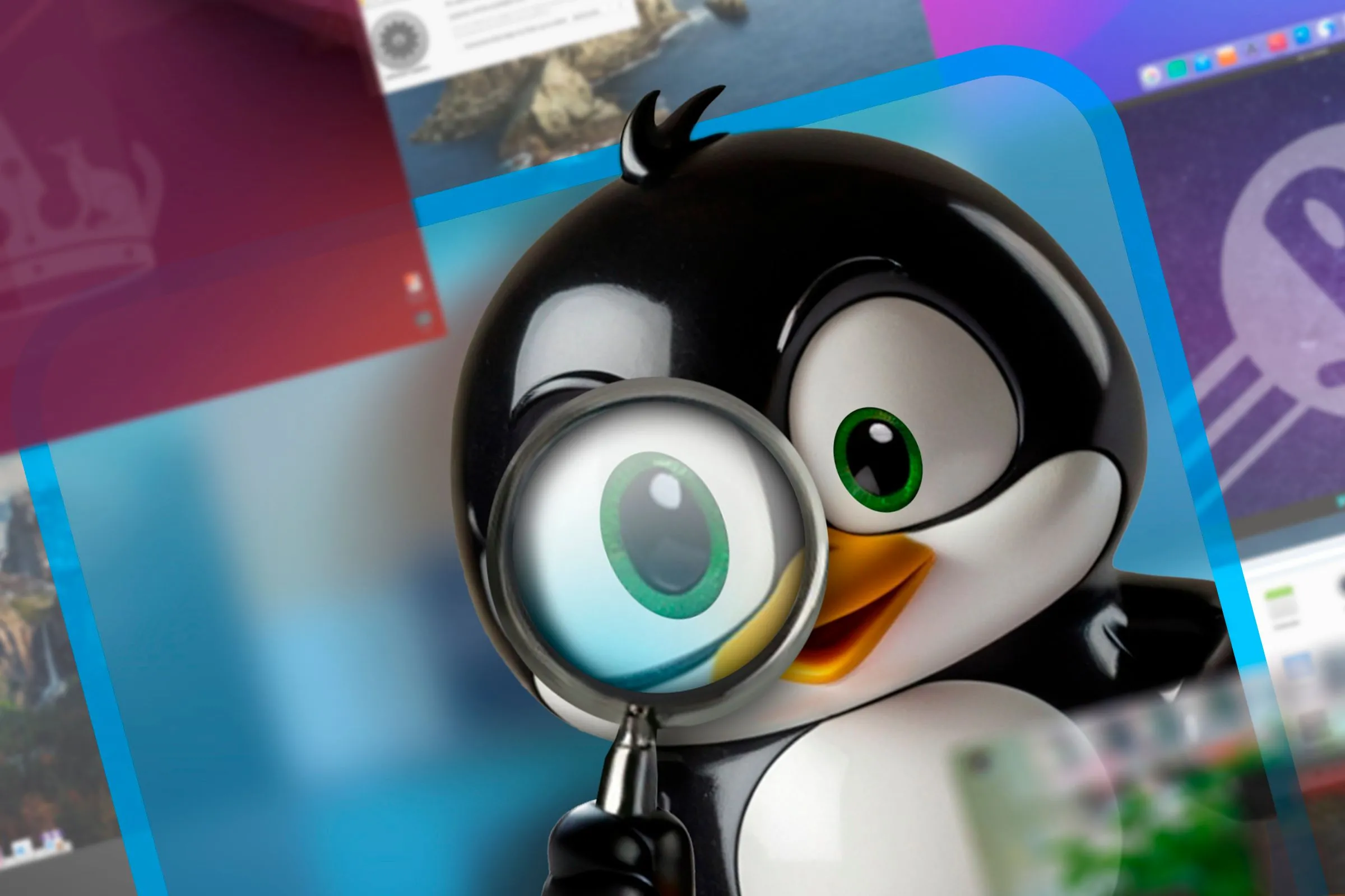 Linh vật Linux Tux cầm kính lúp, tượng trưng cho việc tìm kiếm bản phân phối Linux GNOME phù hợp