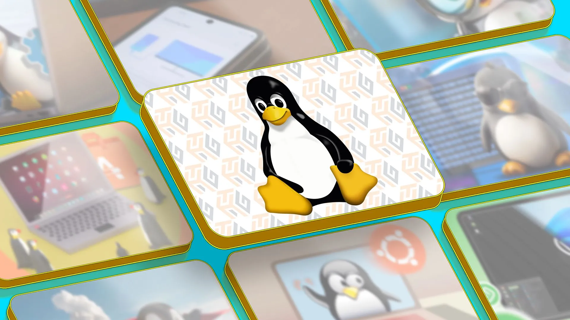 Linh vật Linux Tux ở trung tâm màn hình, xung quanh là các hình ảnh đại diện cho nhiều bài viết và bản phân phối Linux phổ biến, minh họa sự đa dạng của hệ sinh thái Linux.