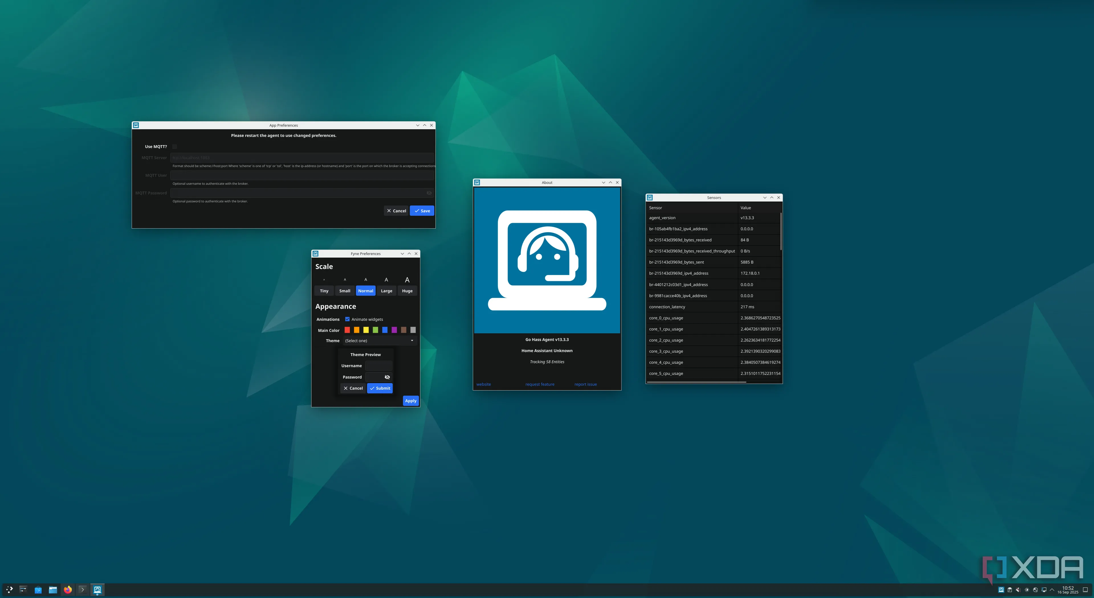 Linux desktop với ba cửa sổ mở gồm bảng cài đặt, ứng dụng Go HASS Agent và terminal trên nền xanh hình học
