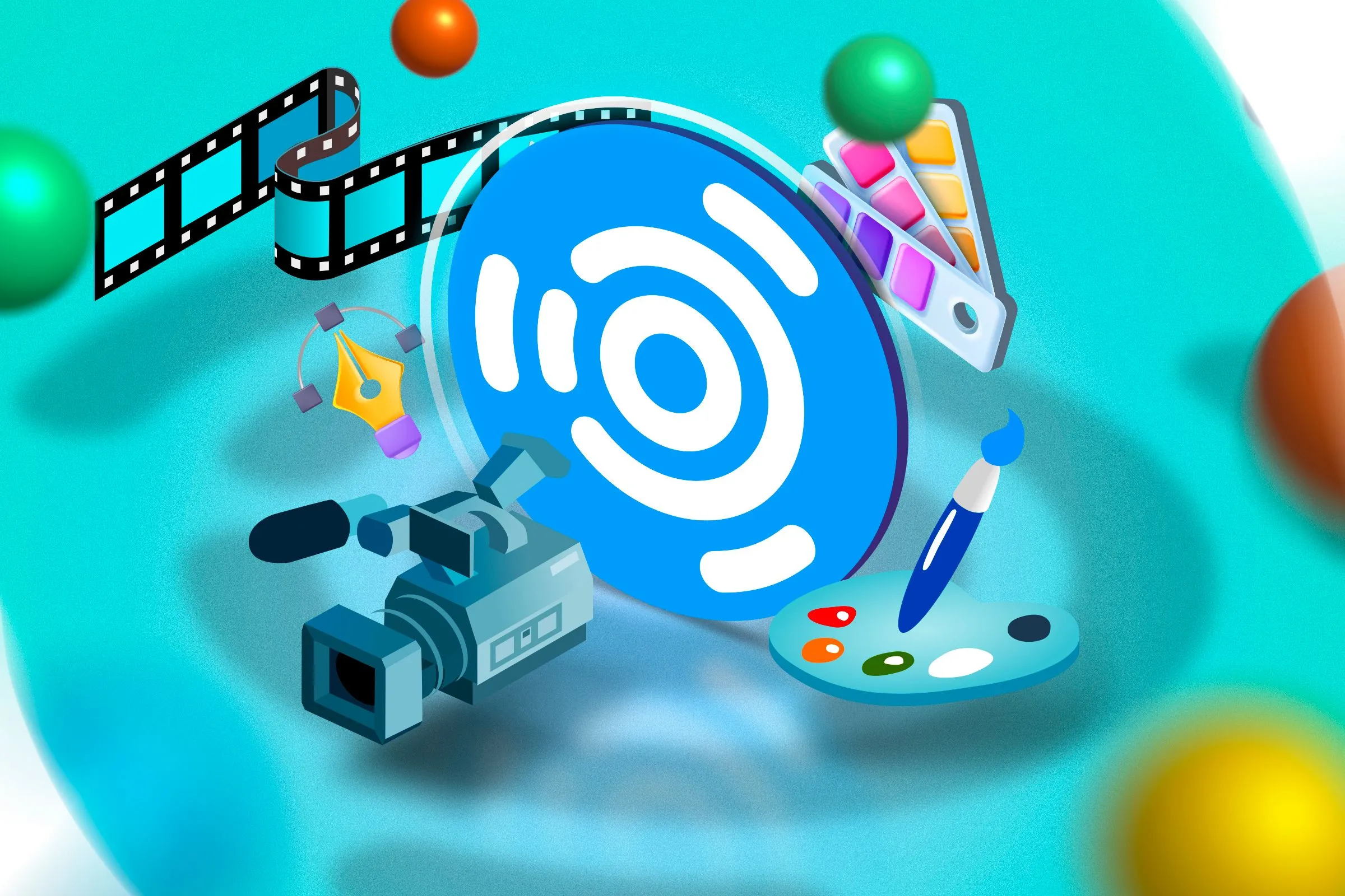 Logo Ubuntu Studio với hình minh họa các yếu tố sáng tạo như máy ảnh, micro, cọ vẽ, thể hiện chức năng dành cho người làm sáng tạo.