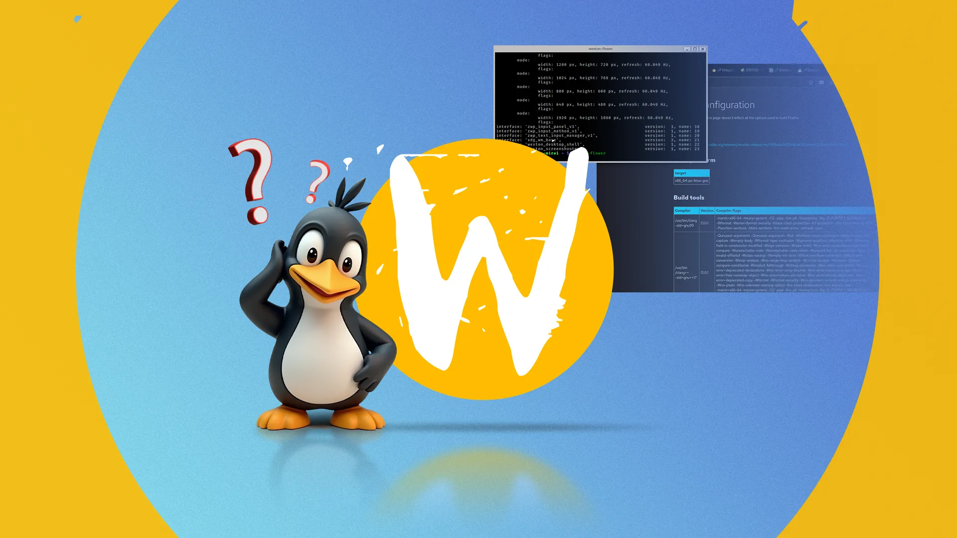 Logo Wayland cùng với linh vật Linux đang bối rối, tượng trưng cho những thách thức khi điều chỉnh màn hình analog trên môi trường Wayland hiện đại.