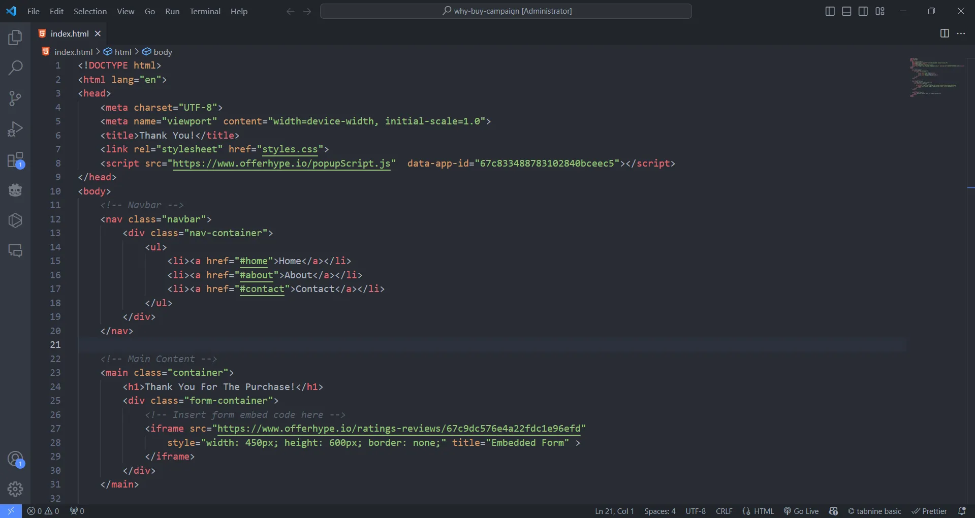 Mã HTML được hiển thị trong môi trường phát triển Visual Studio Code