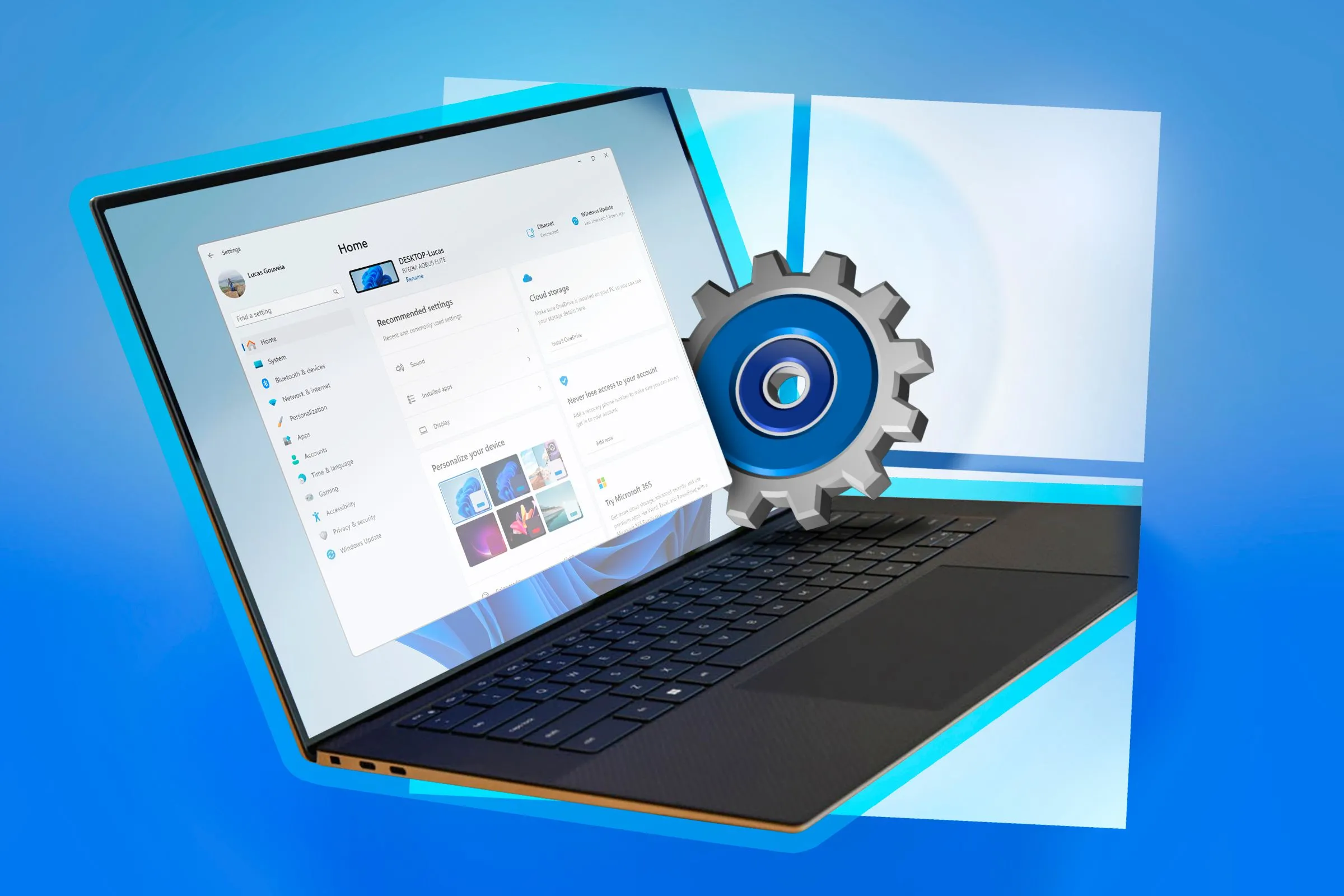 Màn hình cài đặt Windows 11 trên laptop với biểu tượng bánh răng, kiểm tra tình trạng và sức khỏe của thiết bị.