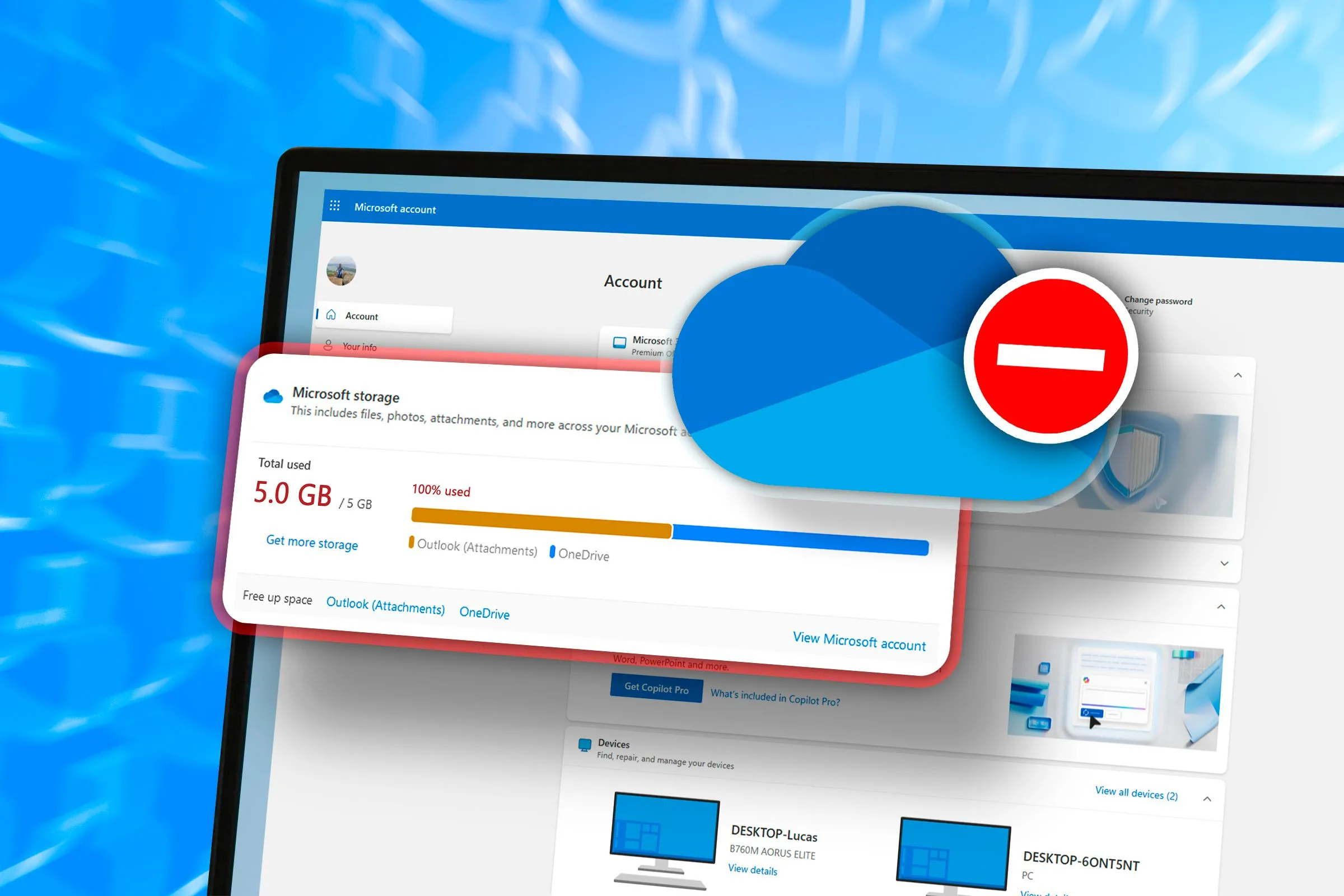 Màn hình hiển thị cửa sổ OneDrive với thông báo dung lượng lưu trữ đầy