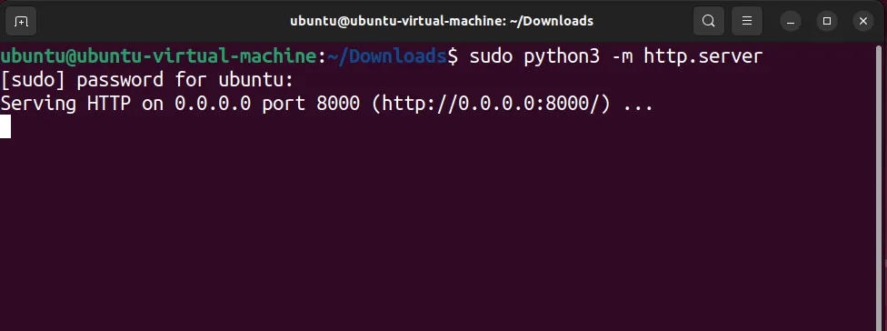 Màn hình terminal Ubuntu hiển thị lệnh khởi động máy chủ HTTP bằng Python để chia sẻ file