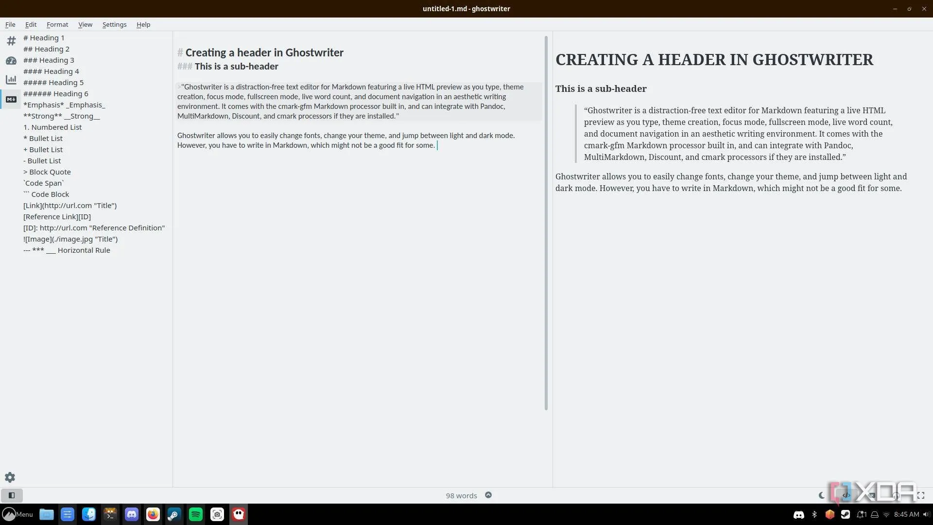 Màn hình ứng dụng Ghostwriter với tài liệu Markdown và tính năng xem trước HTML trên Linux