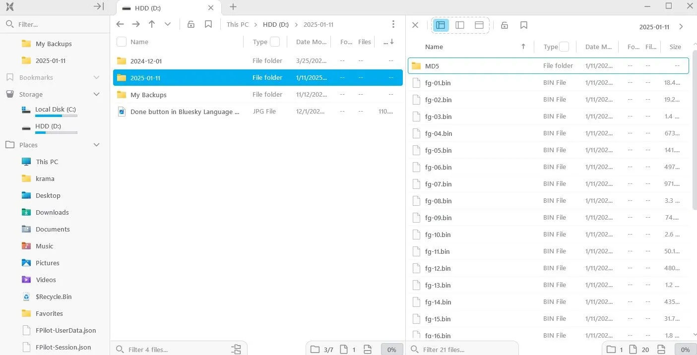 Màn hình xem trước Inspector của File Pilot hiển thị nội dung thư mục.