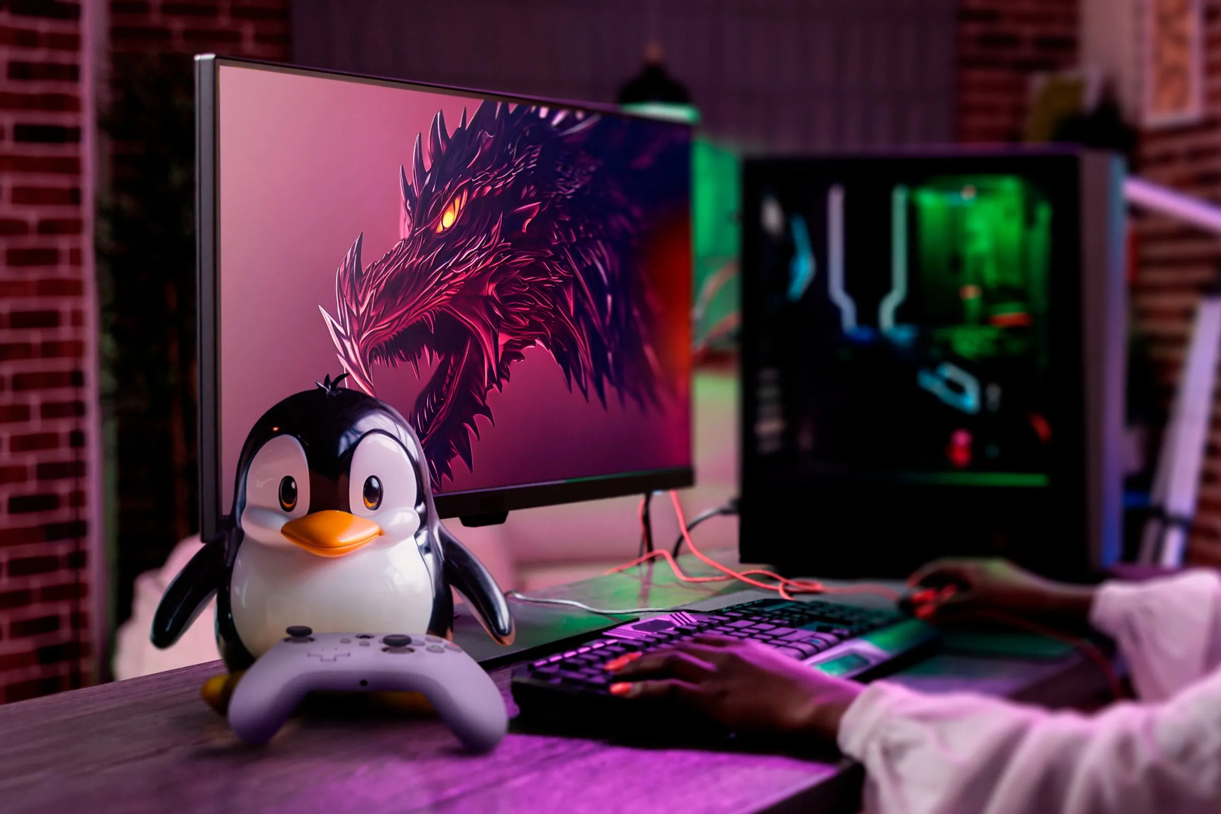 Máy tính gaming với Garuda Linux hiển thị trên màn hình và linh vật Tux cầm tay cầm chơi game, nhấn mạnh tối ưu hóa cho hiệu suất chơi game.