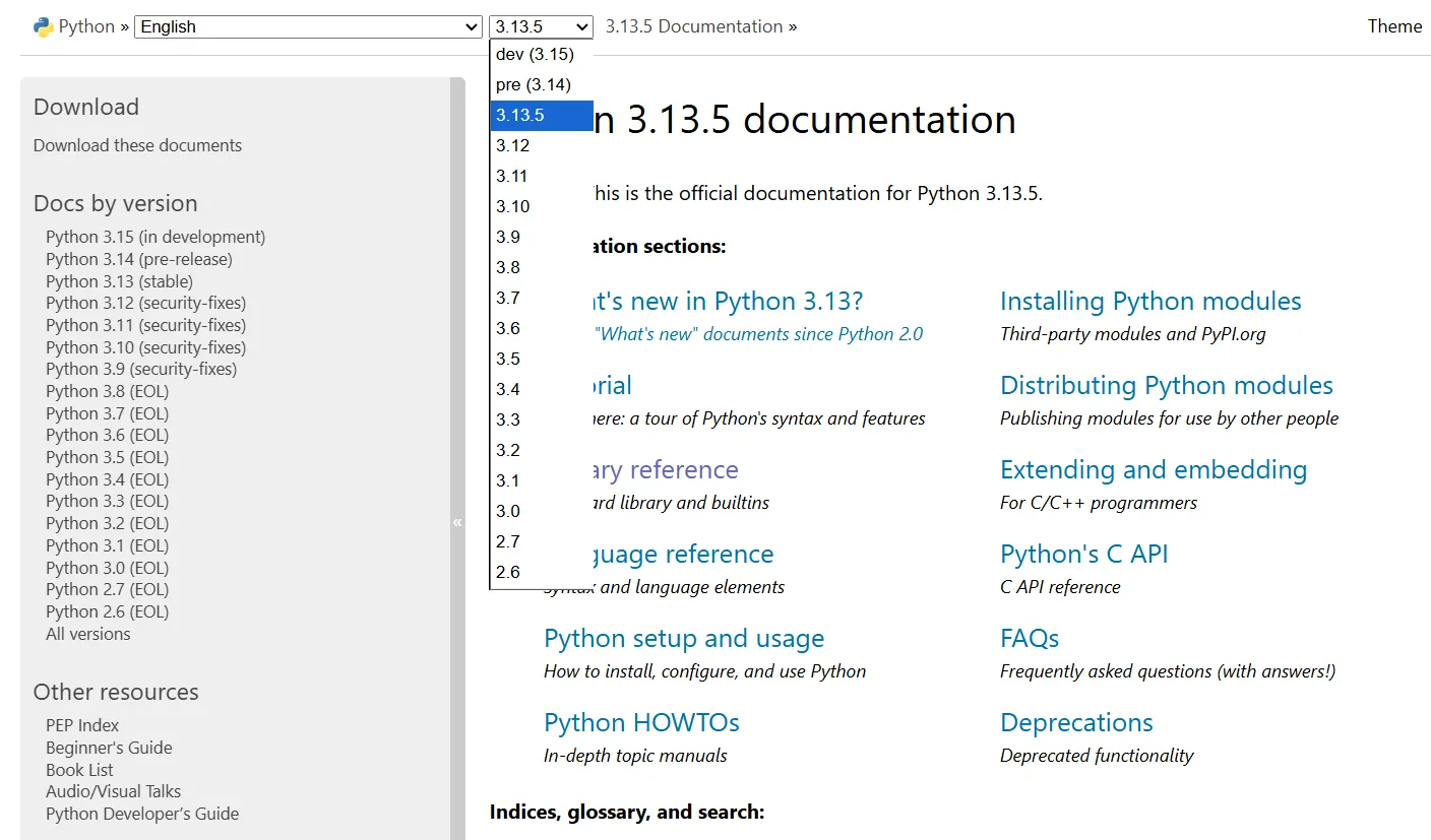Menu chọn phiên bản tài liệu Python, minh họa cách các dự án mã nguồn mở giữ lại tài liệu cho nhiều phiên bản khác nhau, đảm bảo tính bền vững và khả dụng.