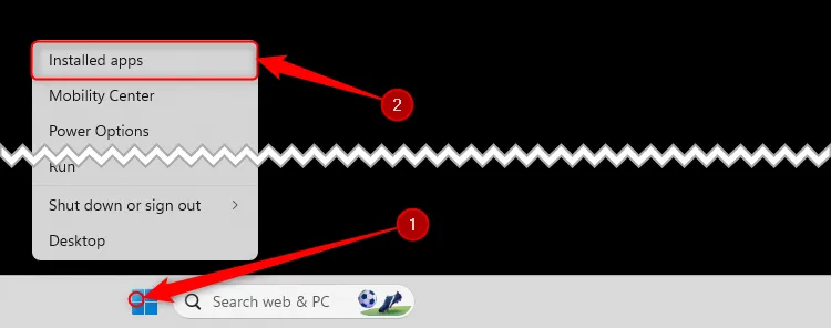 Menu chuột phải của Windows thông qua biểu tượng Windows trên thanh tác vụ được mở rộng và Ứng dụng đã cài đặt được chọn