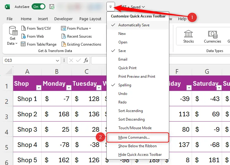 Menu thả xuống tùy chỉnh Quick Access Toolbar trong Excel, với tùy chọn &quot;More Commands&quot; được chọn