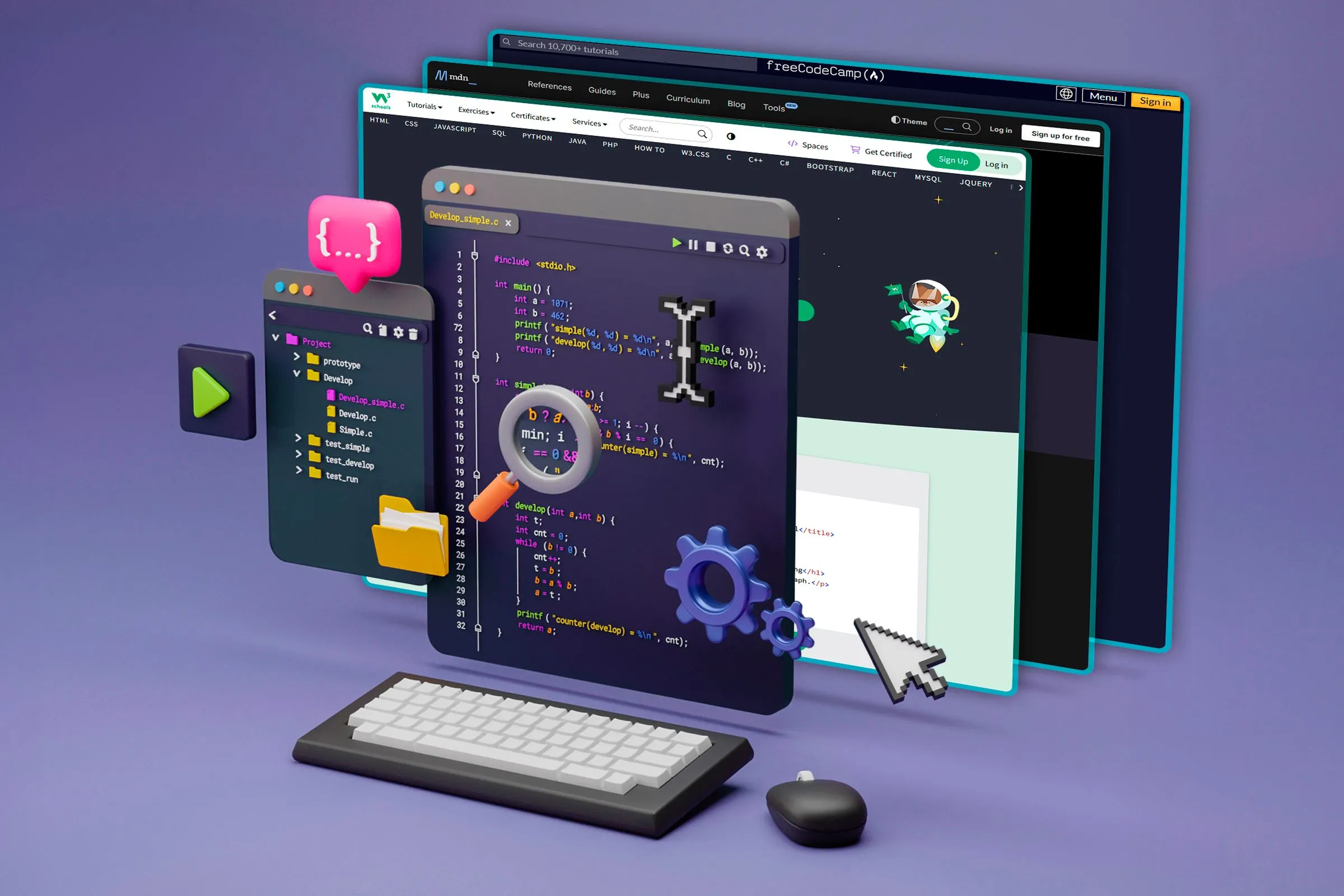 Minh họa một môi trường phát triển tích hợp (IDE) với các dòng mã code và giao diện website, thể hiện tiềm năng của HTML/CSS trong việc tạo tài liệu động.