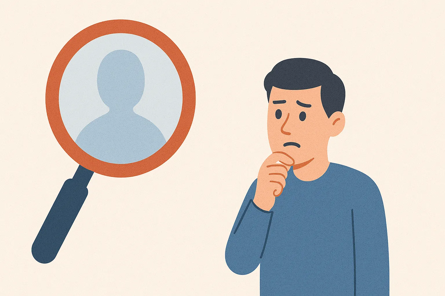 Người đàn ông nhìn vào kính lúp thấy hình bóng ẩn danh, thể hiện việc kiểm tra tài khoản bị ẩn danh khi không đăng nhập