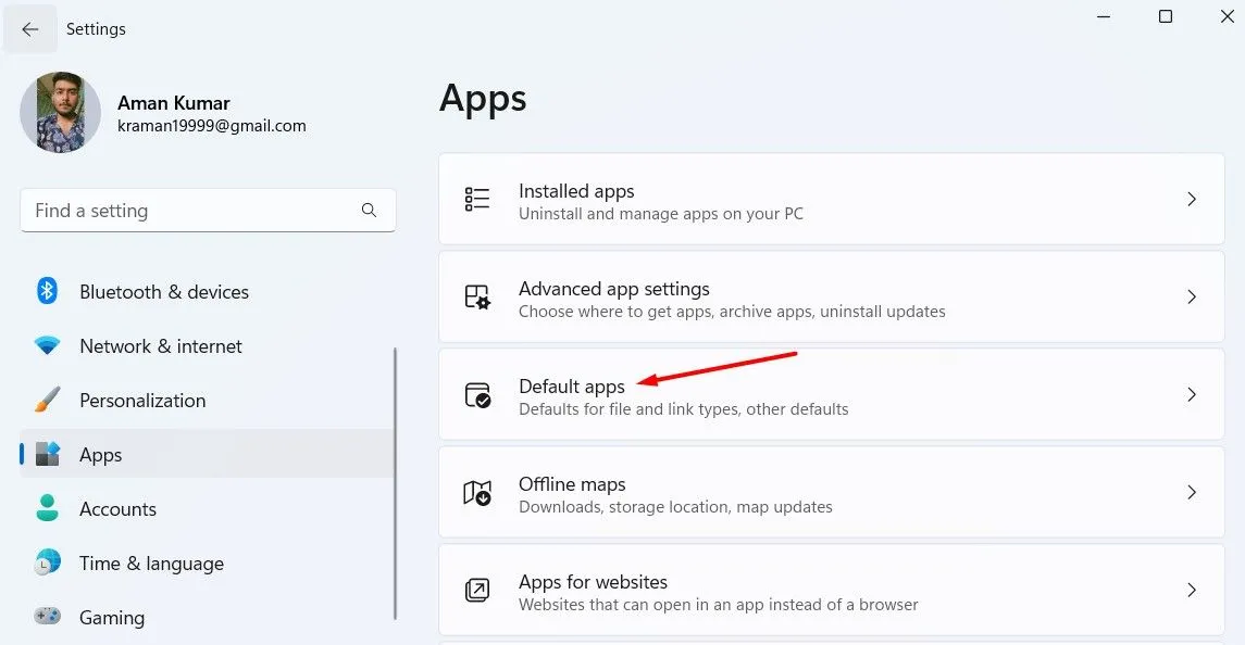 Phần &quot;Default Apps&quot; trong ứng dụng Cài đặt của Windows 11