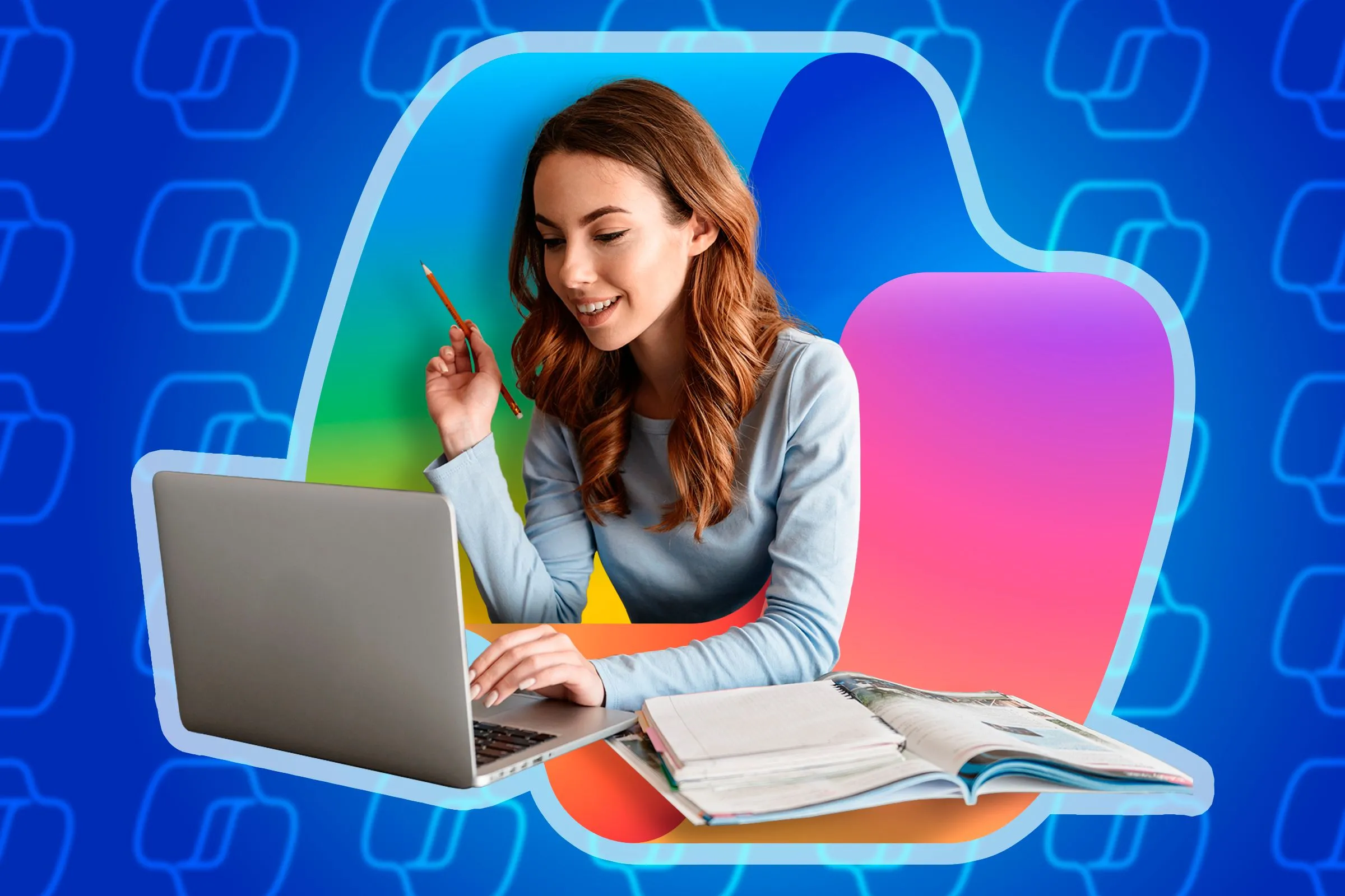 Phụ nữ trẻ đang học bài với laptop, phía sau là logo Copilot, minh họa việc sử dụng AI để học tập hiệu quả.