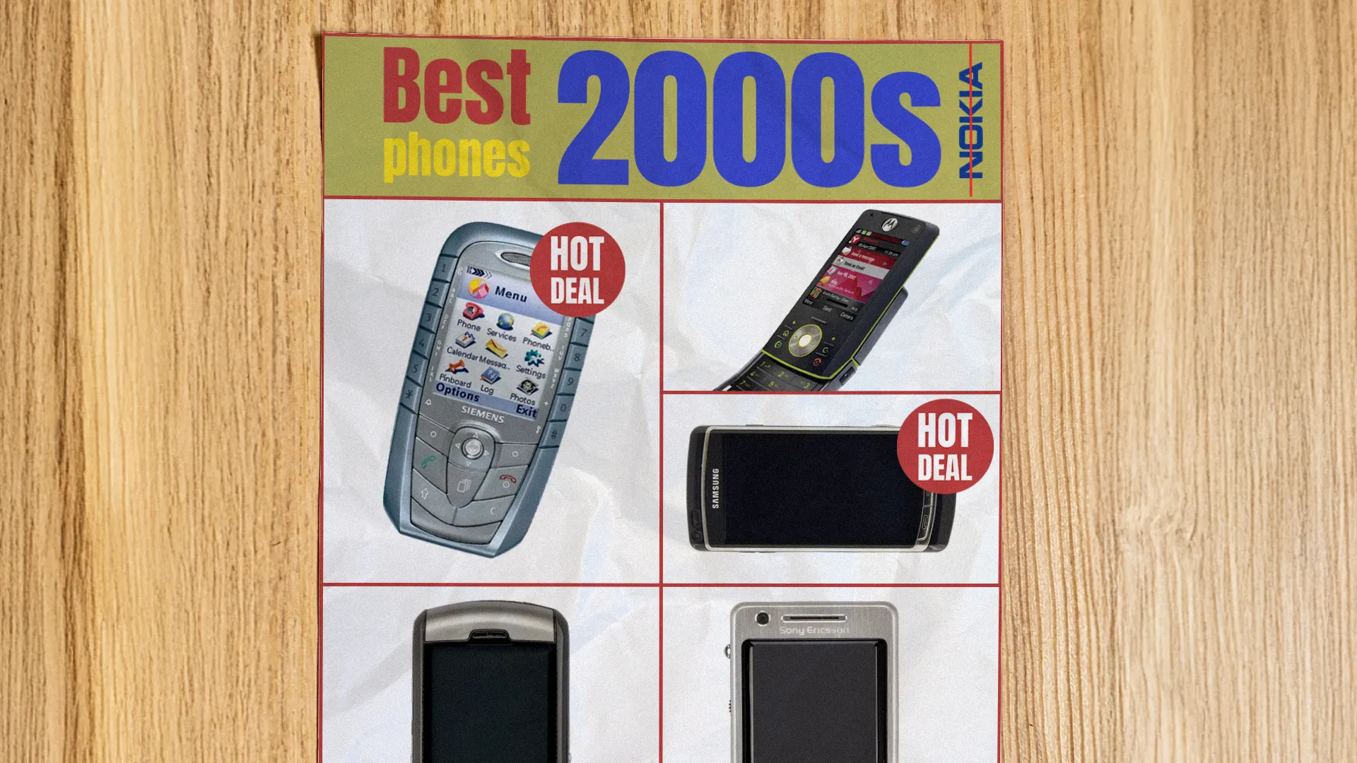 Tấm áp phích phong cách retro với tiêu đề 'Điện thoại tốt nhất thập niên 2000' với Nokia bị gạch bỏ và nhiều thiết bị cổ điển khác