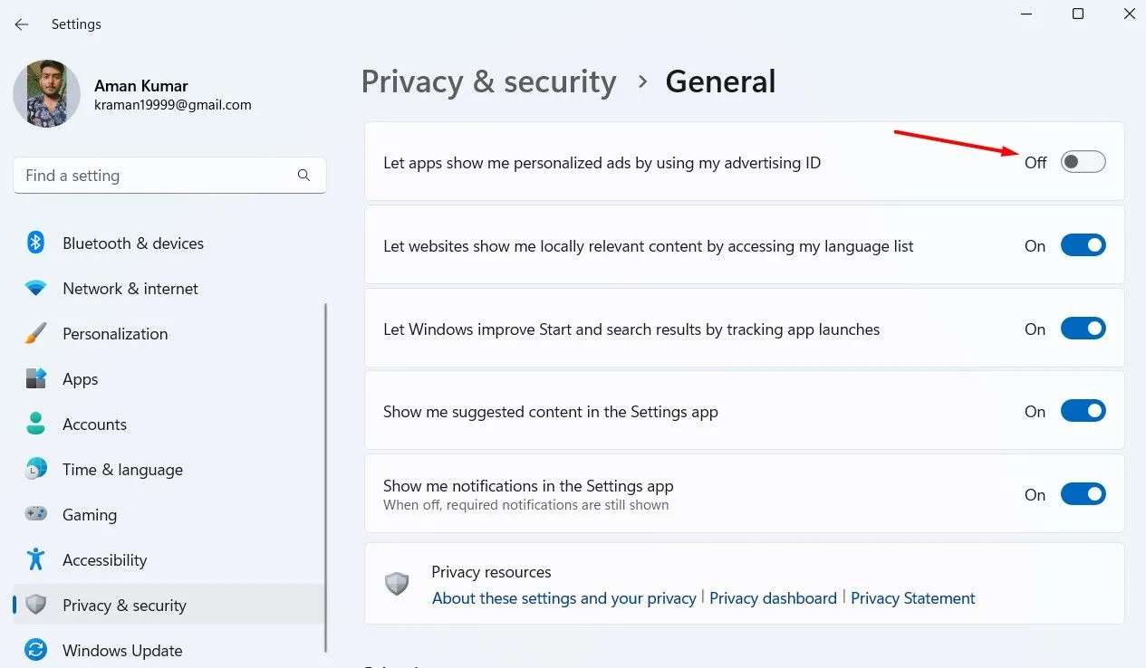 Tắt tùy chọn &quot;Let apps show me personalized ads by using my advertising ID&quot; trong Cài đặt Windows 11