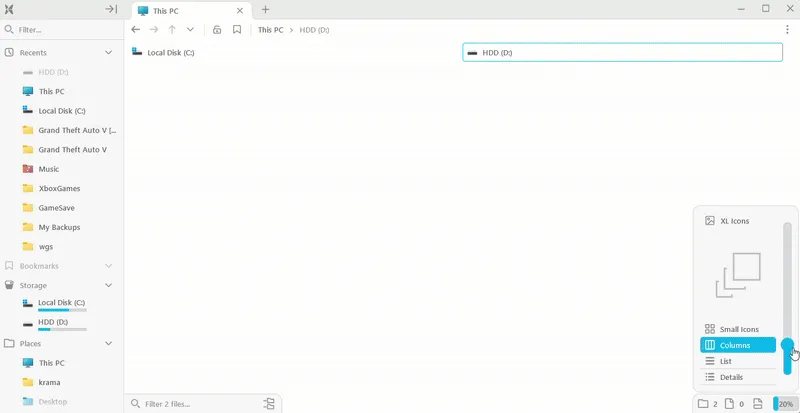 Thanh trượt thay đổi chế độ xem tệp và thư mục trong File Pilot.