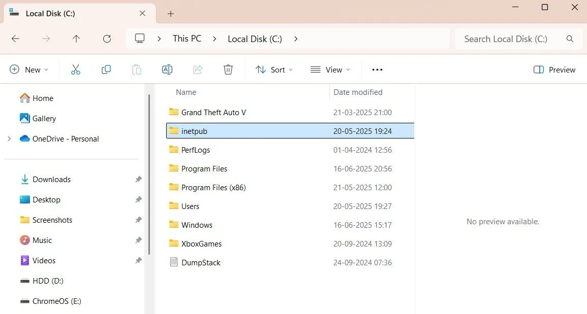 Thư mục inetpub trên ổ đĩa C của Windows