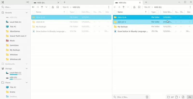 Tính năng chia màn hình (Split View) trong File Pilot để quản lý tệp đa nhiệm.