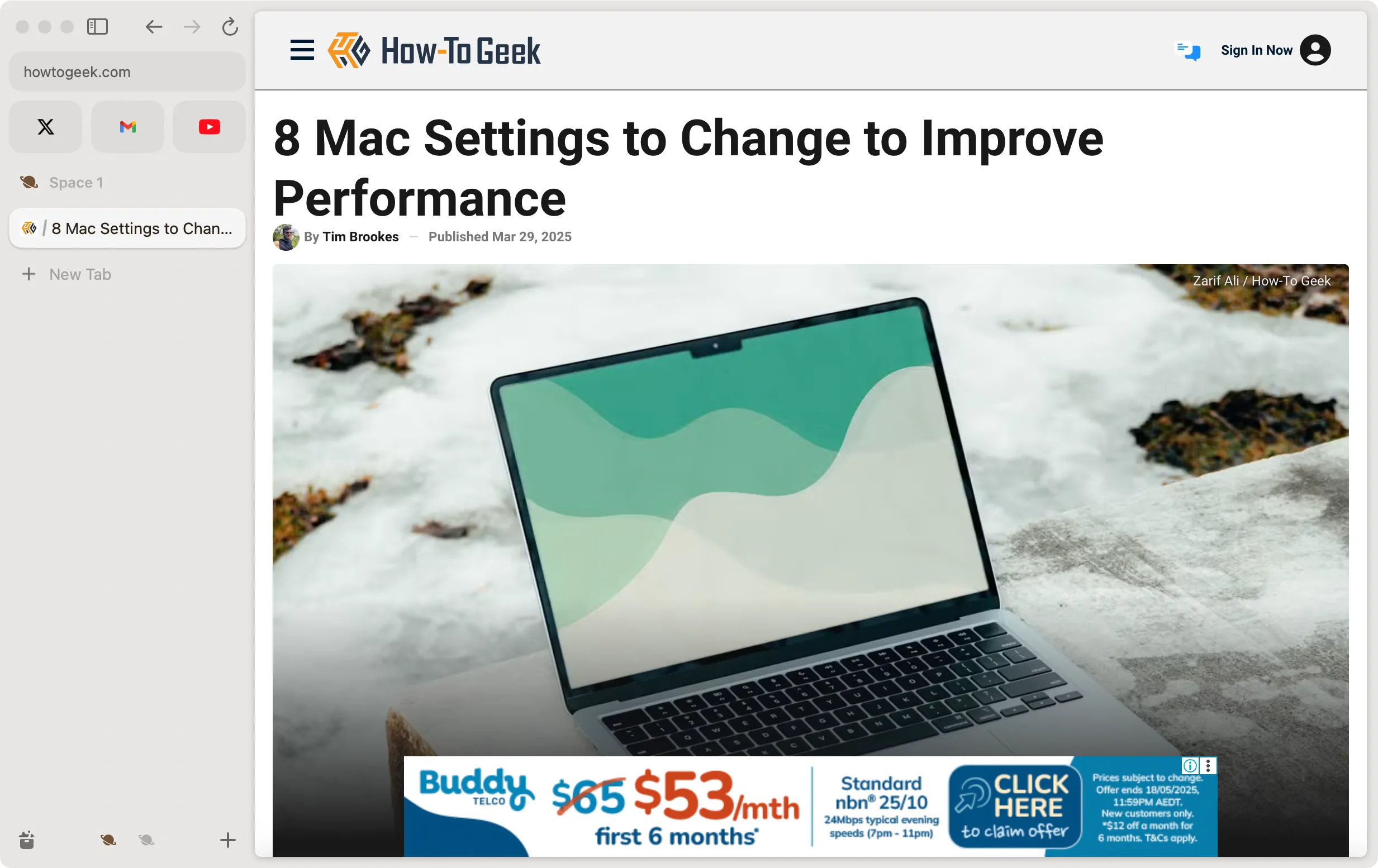 Trình duyệt Arc với giao diện tab dọc bên trái chạy trên macOS