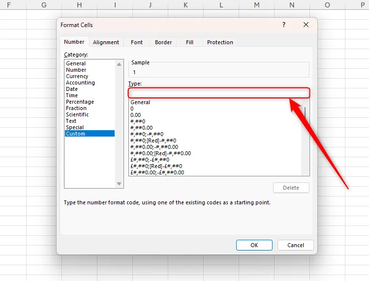 Trường Type trống trong mục Custom của hộp thoại Format Cells trong Excel, nơi nhập mã định dạng số tùy chỉnh
