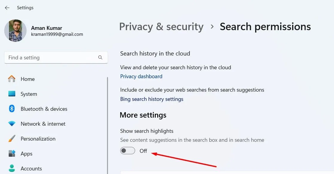 Tùy chỉnh hiển thị các điểm nổi bật tìm kiếm trên Windows 11