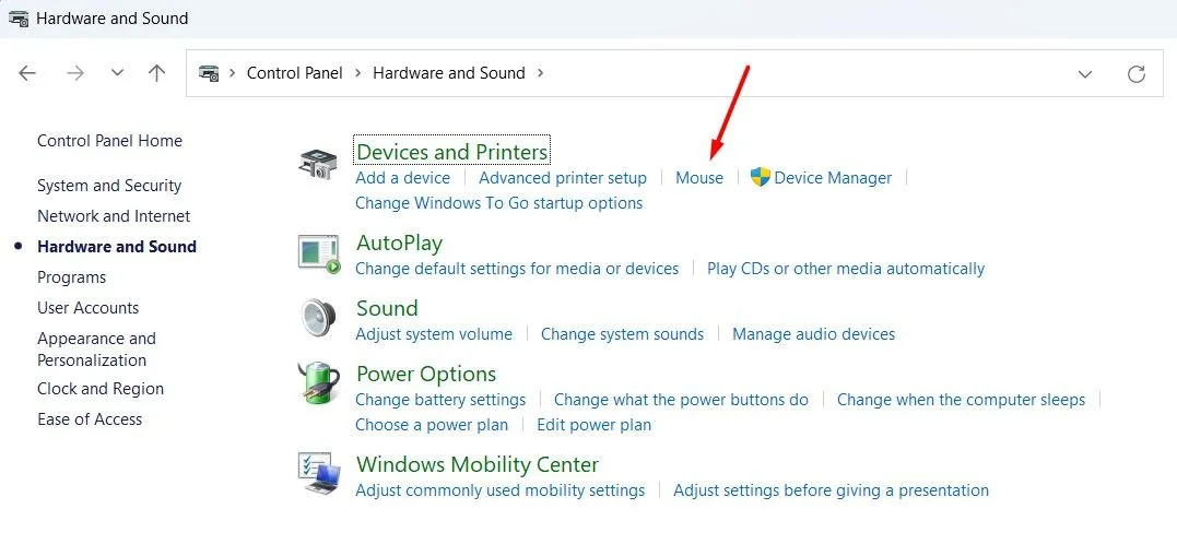 Tùy chọn Chuột trong Control Panel Windows 11