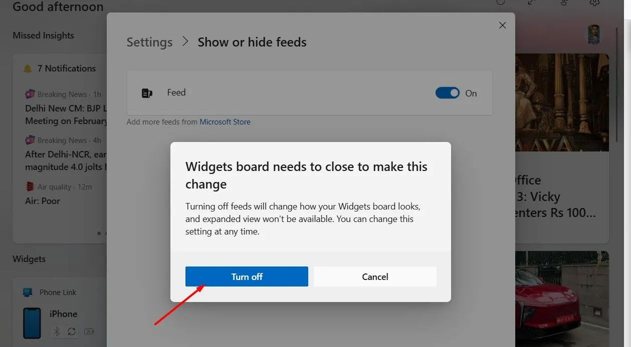 Tùy chọn &quot;Turn Off&quot; trong bảng widget của Windows 11