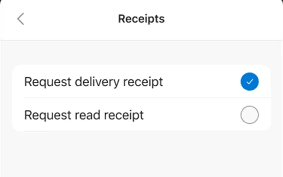 Tùy chọn yêu cầu Biên nhận Gửi (Delivery Receipt) và Biên nhận Đã Đọc (Read Receipt) trong ứng dụng Outlook di động.