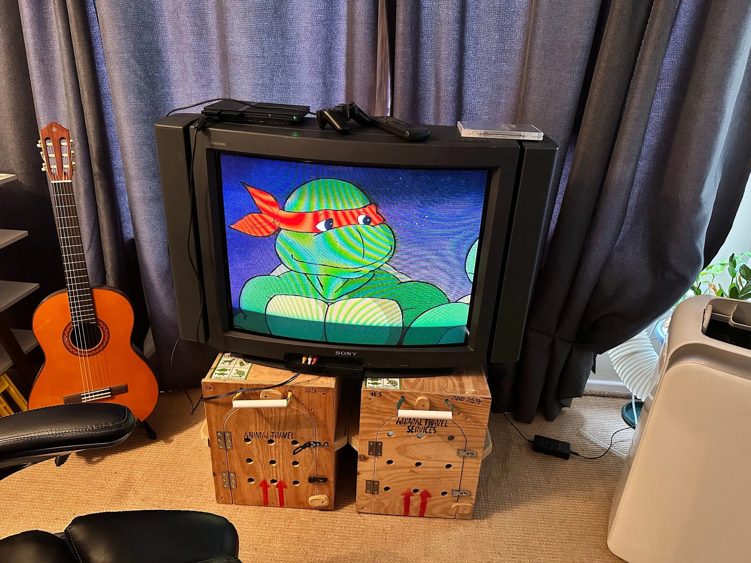 TV CRT Sony cổ điển đặt trên thùng gỗ hiển thị phim hoạt hình Ninja Rùa, minh họa trải nghiệm giải trí retro chất lượng cao.