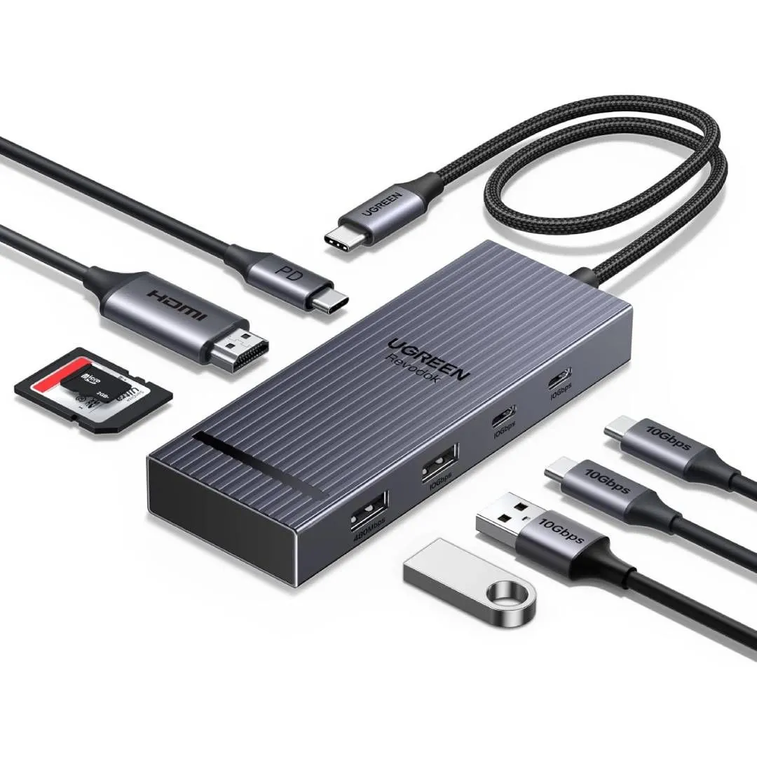 UGREEN Revodok 8-in-1 USB-C Hub hiển thị các cổng kết nối