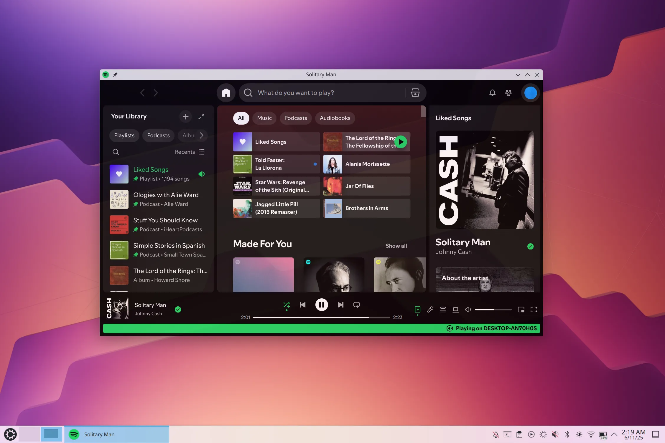 Ứng dụng nghe nhạc Spotify đang chạy trên hệ điều hành Kubuntu, hiển thị danh sách nhạc.